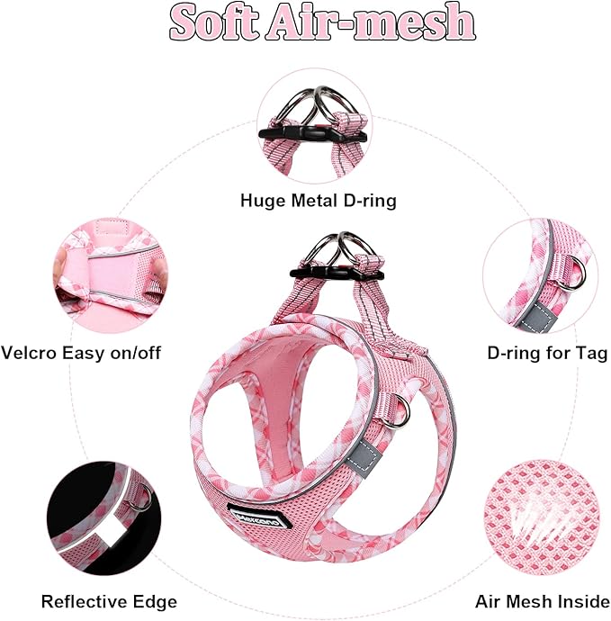 Mercano Soft Mesh Dog Harness and Leash Set, No-Chock Step-in Reflective Breathable Lightweight Easy Walk Vest Harnesses with Safety Buckle for Small Dogs, Cats (Pink, XL)