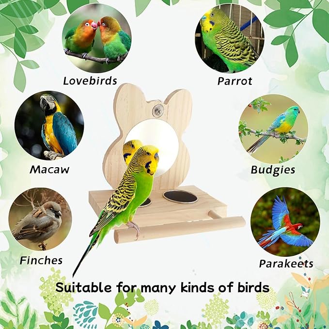 Bird Mirror Parrot Perch with Mirror and Stainless Steel Feeding Cups for Parakeets Cage Swing Wooden Mirror Fun Play Toy for Birds Lovebird Conures Cockatiels