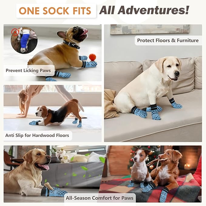 Non Slip Dog Socks to Prevent Licking Paws Grippy Socks for Senior Dog on Hardwood Floors Anti Slip Dog Socks for Hot Pavement Double Side Paw Protector Prevent Scratching Blue S