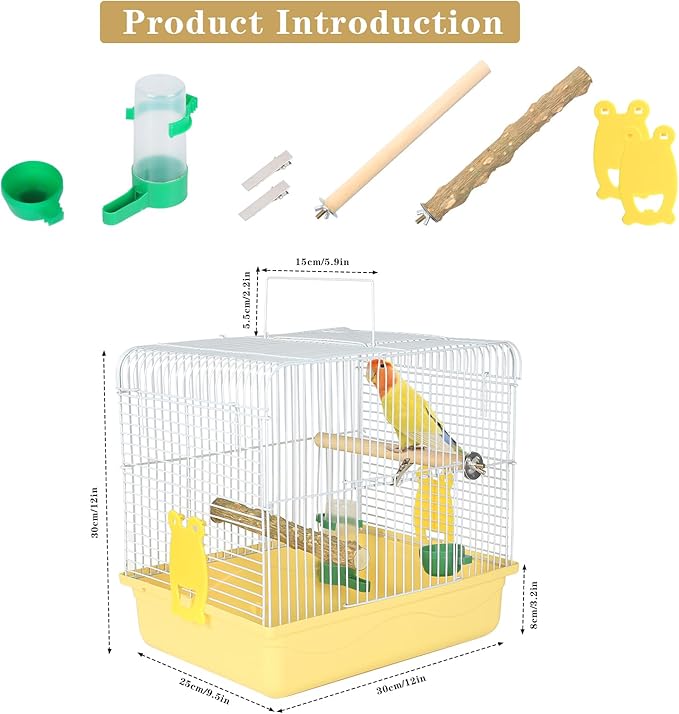 Small Bird Cage, Lightweight for Parakeets, Hanging for Parrot, Travel for Cockatiel, Outdoor Budgie, Pet Products Flat Top Economy Small Animal Cage with Stand Accessories with White Wire, Yellow