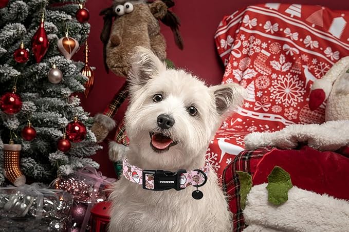 DOGWONG Christmas Cotton Dog Collar, Pink Santa Claus Dog Collar Durable Holiday Pet Dog Collars Cute Puppy Necklace for Small Medium Large Dogs