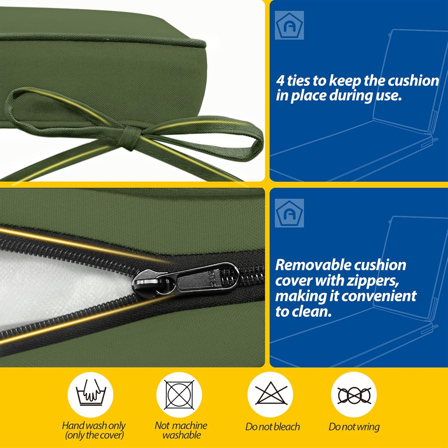 AAAAAcessories Outdoor Chaise Lounge Cushions, Waterproof, Fade-Resistant Patio Furniture Replacement Cushions, 74" x 23" x 3", Set of 2, Woodland Green