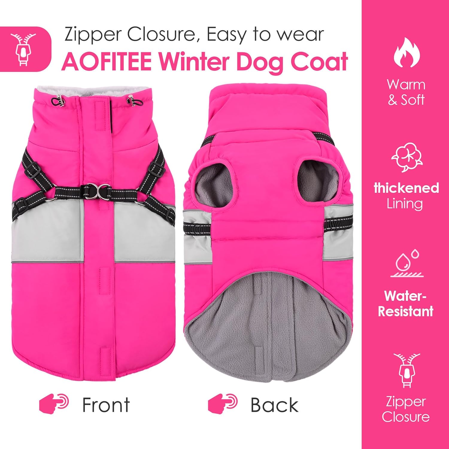 AOFITEE Dog Coat, Large Dog Jacket, Dogs Coat with Harness Built in, Reflective Waterproof Dogs Jackets Winter with Furry Collar, Warm Polar Fleece Pet Sweater Snowsuit for Doberman, Great Dane XXXL
