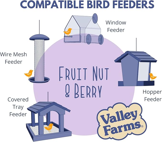 Valley Farms Fruit Nut & Berry 4 LB 2-Pack (8 LB Total) Wild Bird Food for Outside Feeders, Bird Seed with Dried Fruit, Peanuts Sunflower Hearts, Safflower High Energy Mix for Healthy Birds!