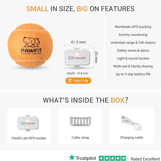 Pawfit Lite for Small Dogs 4g GPS Tracker | Real Time Tracking | Activity Monitoring |Location History | Unlimited Range | Simply White