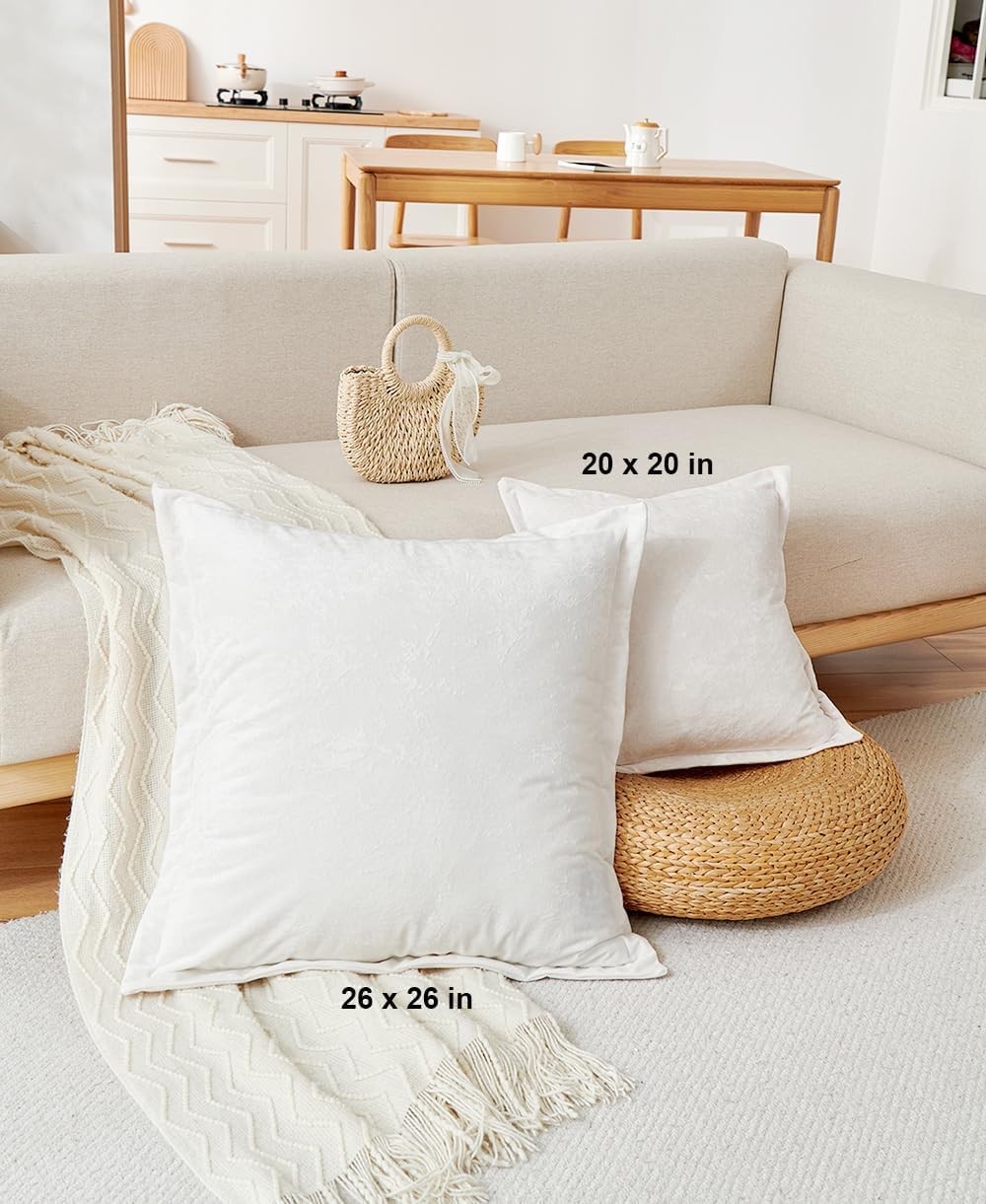 Luxurious Velvet Euro Shams Decorative Throw Pillow Covers 26x26 Set of 2 Solid Square Euro Pillow Shams for Sofa Couch Bedroom, Off White