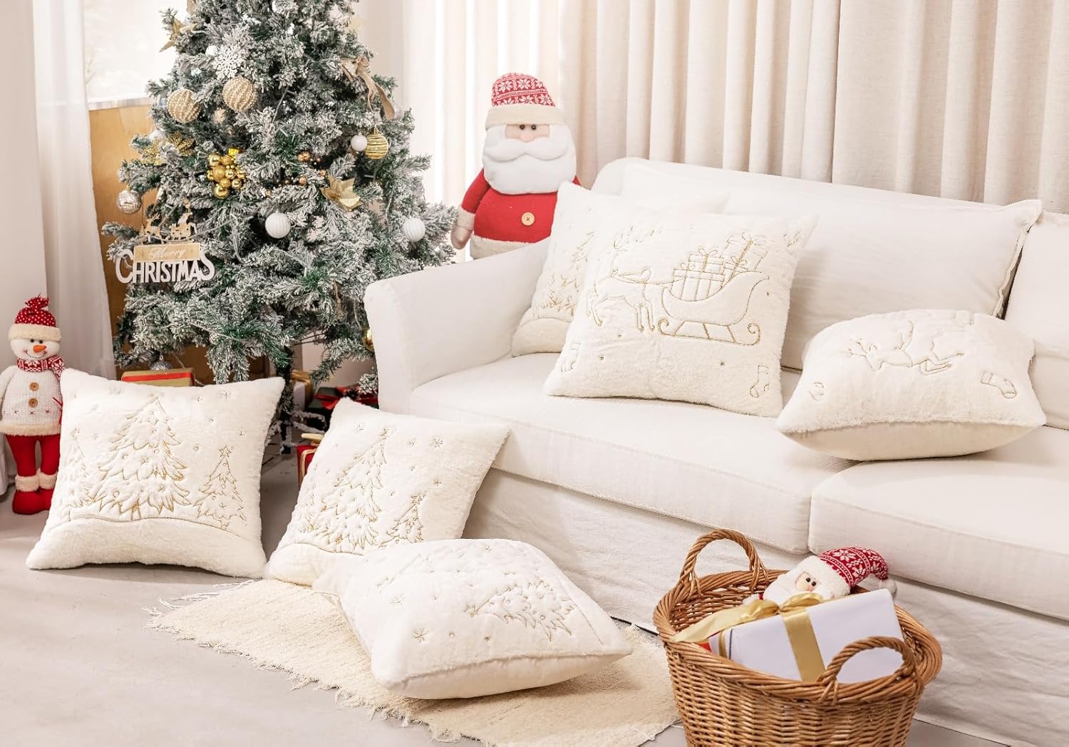 Christmas Embroidered Throw Pillow Cover - Soft Chenille Holiday Decorative Cushion for Xmas Tree Decor, Winter Home Decor, Cozy Living Room Bedroom Sofa (Christmas Tree, 22" x 22" (Pack of 2))