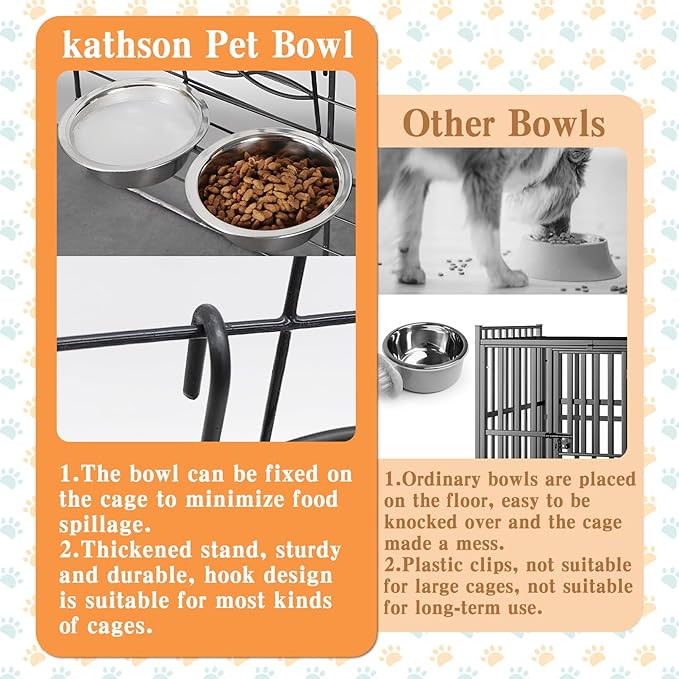 kathson Stainless Steel Bird Bowls for Cage, 2 PCS Metal Pet Food Water Dishes with Holder Feeder Cage Coop Hook Feeder Cups for Birds, Parrots, Small Sized Dogs and Cats (6.7 Inch Dia)