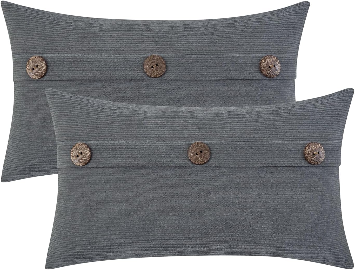 HWY 50 Gray Grey Chenille Throw Pillow Covers 12x20 Inch with Triple Buttons, Soft Farmhouse Accent Decorative Cushion Cases for Couch Sofa Bed Living Room Pack of 2 Rectangle