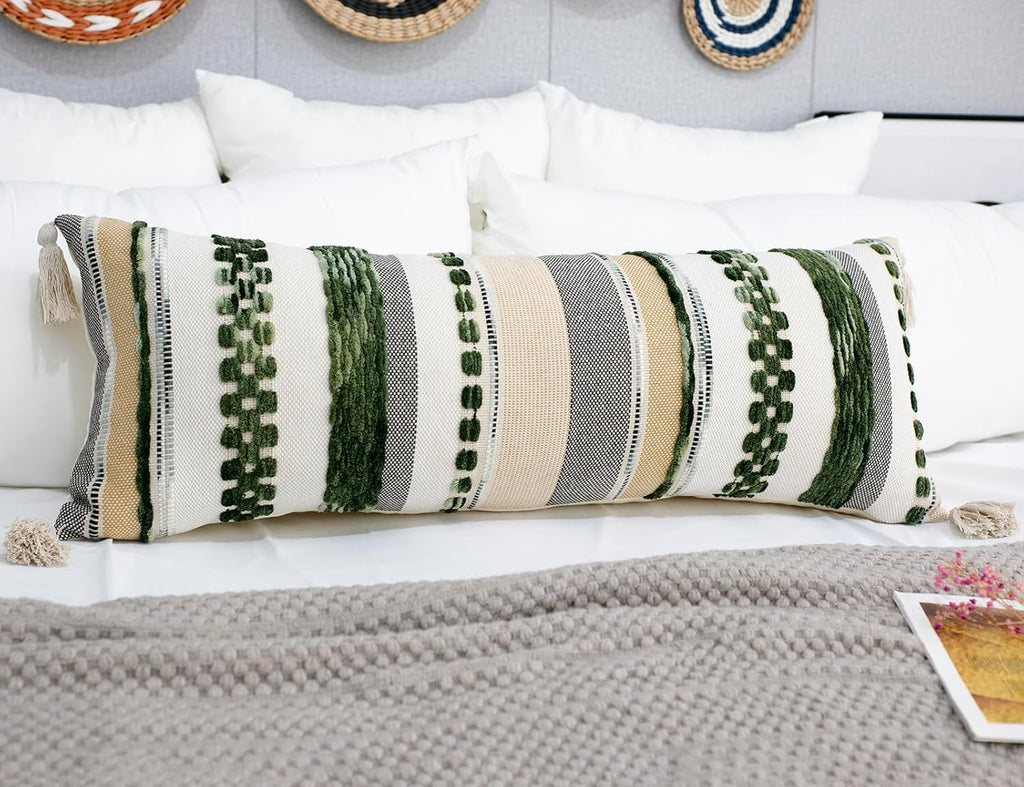 PANOD Boho Long Lumbar Throw Pillow Cover 16 x 36 Dark Green, Chenille Morocan Extra Long Pillow Case Cover, Decorative Long Pillow for Bed Couch Sofa Farmhouse