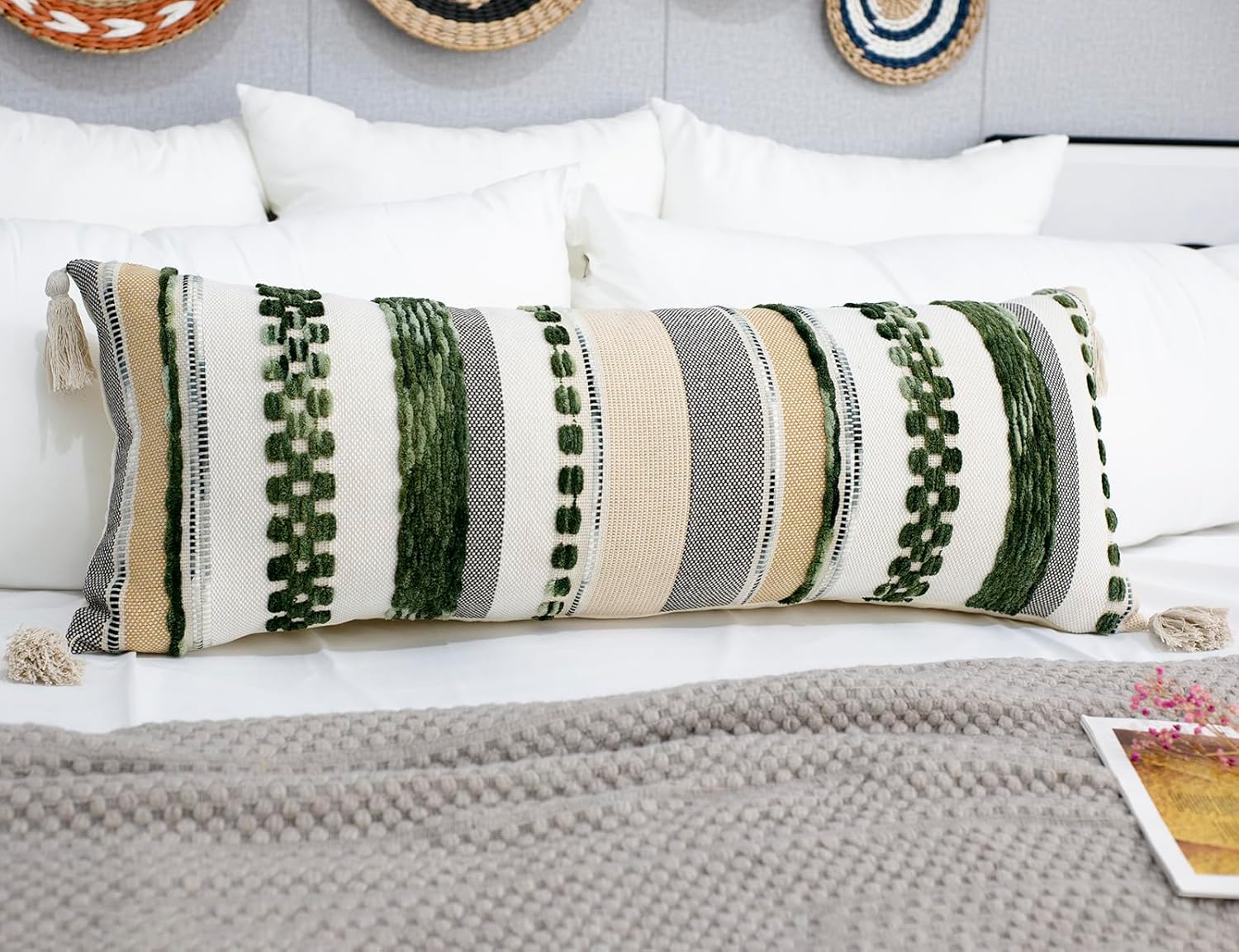 PANOD Boho Long Lumbar Throw Pillow Cover 16 x 36 Dark Green, Chenille Morocan Extra Long Pillow Case Cover, Decorative Long Pillow for Bed Couch Sofa Farmhouse