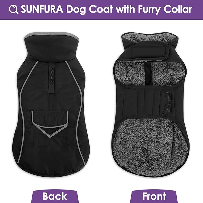 SUNFURA Dog Coat, Large Dog Jacket Reflective Winter Coat for Cold Weather, Windproof Pet Snow Jacket with Pocket, Warm Fleece Sweater Clothes for Large Dogs, Black L