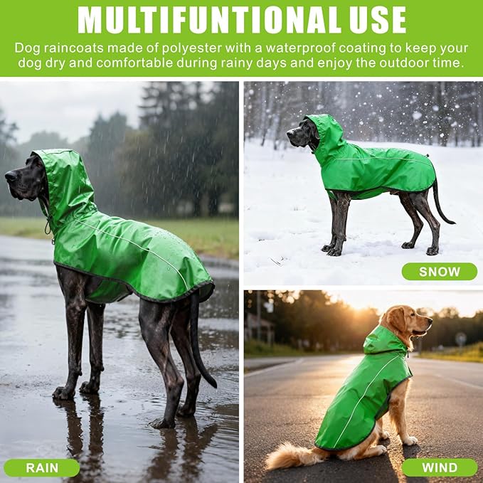 Mosucoirl Dog Raincoat Jacket Reflective Adjustable Hooded Pet Poncho Rain Coats with Leash Hole Waterproof Clothes for Small Medium Large Dogs (Green, XXL)