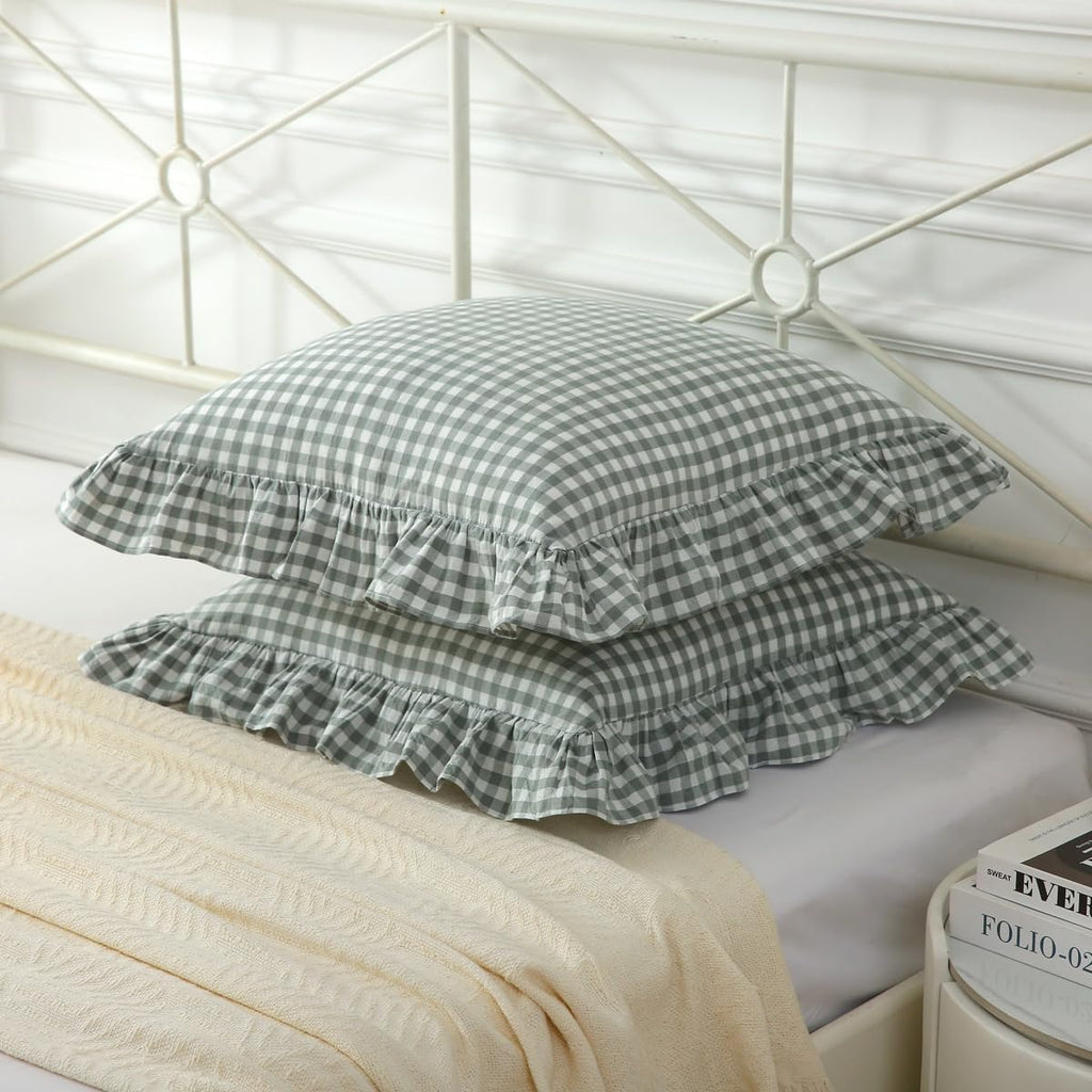 2 Pack Vintage Dusty Green Plaid Ruffle Throw Pillow Covers,Washed Cotton Checkered Gingham Pillow Covers 20"x20" for Sofa,Couch,Bed and Living Room