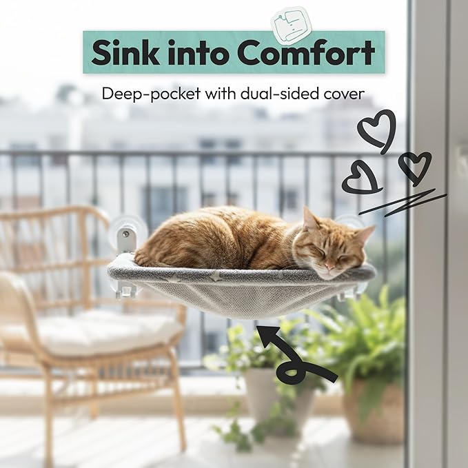Cordless Cat Window Perch for Large Cats, Glow in The Dark Fabric Cat Hammock for Window with 4 Strong Suction Cups, Easy to Assemble, Foldable Window Seat for Cats Inside, Gray L