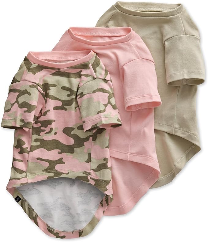 Toby II - The Perfect Tee, 3 Pack Short Sleeve Pet T-Shirt 100% Organic Cotton Tees Clothes for Small, Medium, Large Dogs, Pink Camo, Medium