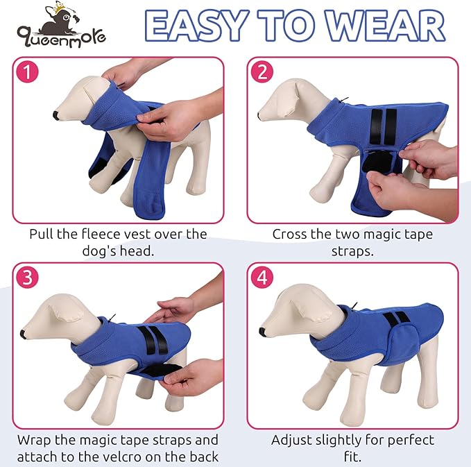 Queenmore Soft Fleece Dog Jacket, Warm Winter Coats with Leash Hole, Dachshund Sweaters for Small Dogs Cats Boy or Girl (Blue, L)