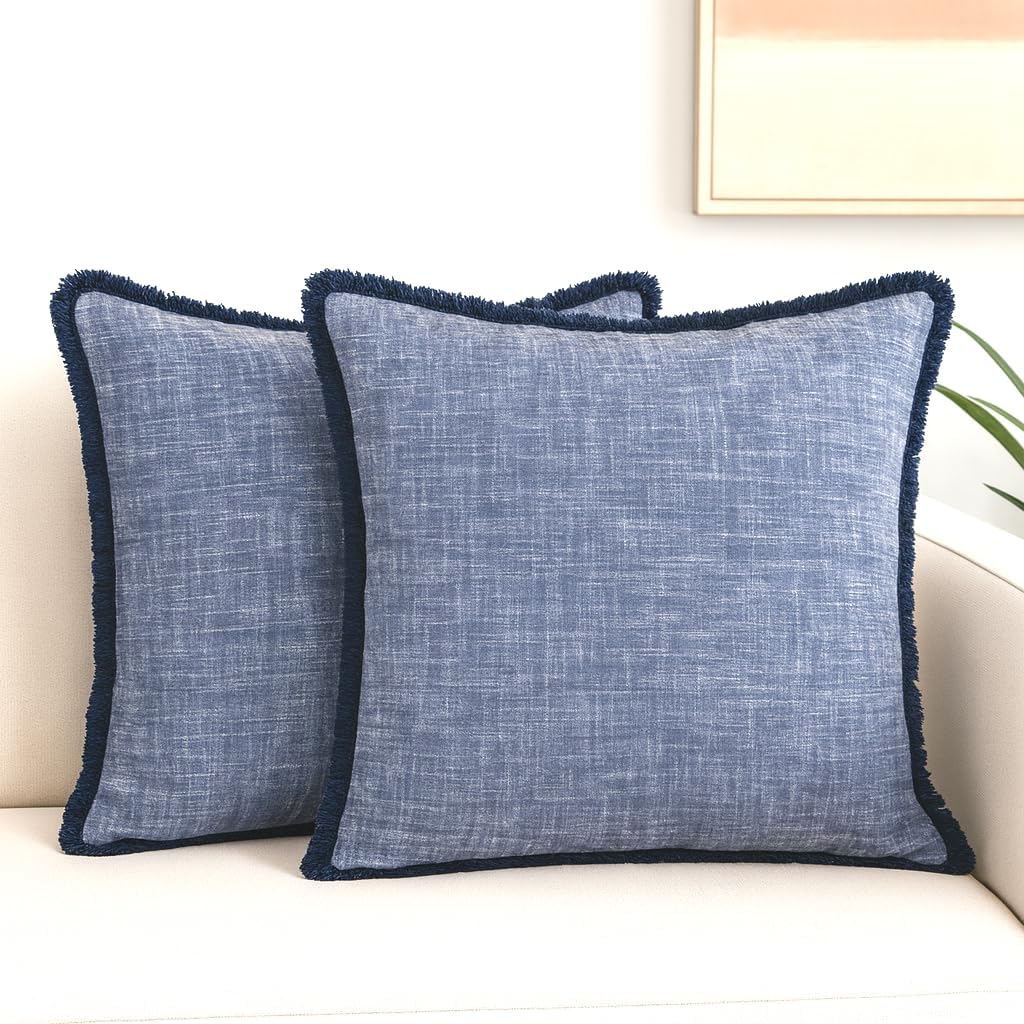 Set of 2 Textured Cotton Throw Pillow Covers with Decorative Fringe Farmhouse Cushion Covers with Tassels Linen Like Accent Pillowcases for Bed Couch Chair Sofa Living Room 22×22 Inch Blue