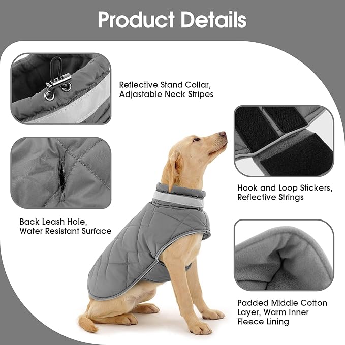 Dog Winter Coat Warm Padded Puppy Jacket Windproof Water Resistant Clothes for Small Medium Large Pets Christmas Sweater Outfit Vest(Grey, 3XL)
