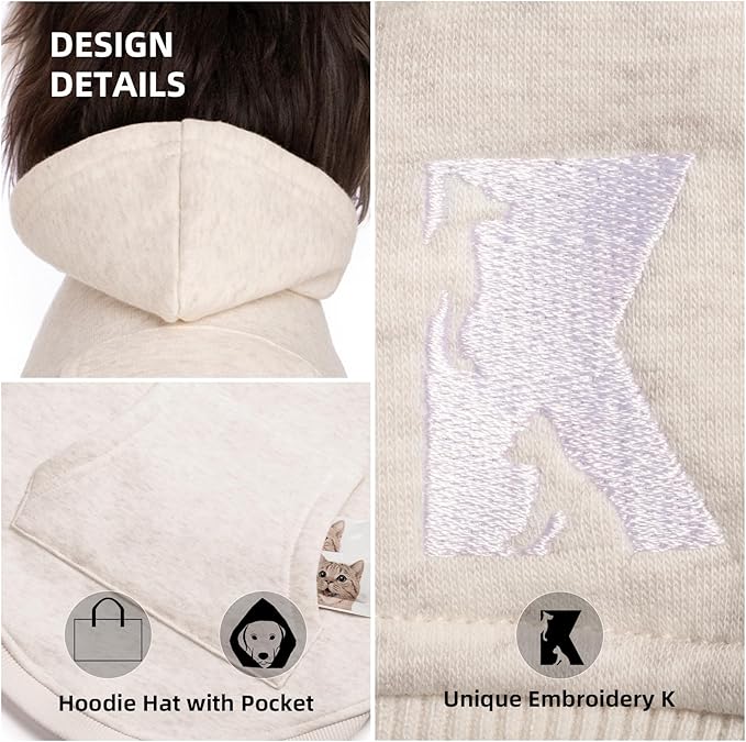 Koneseve Dog Hoodie Fleece, Cat Sweater Warm with Pocket - Soft Clothes for Daily Wear, Basic Hooded Sweatshirts, Winter Coat Clothing, Comfort Tee Shirt Fit for All Breeds Pet - Beige - 2XL
