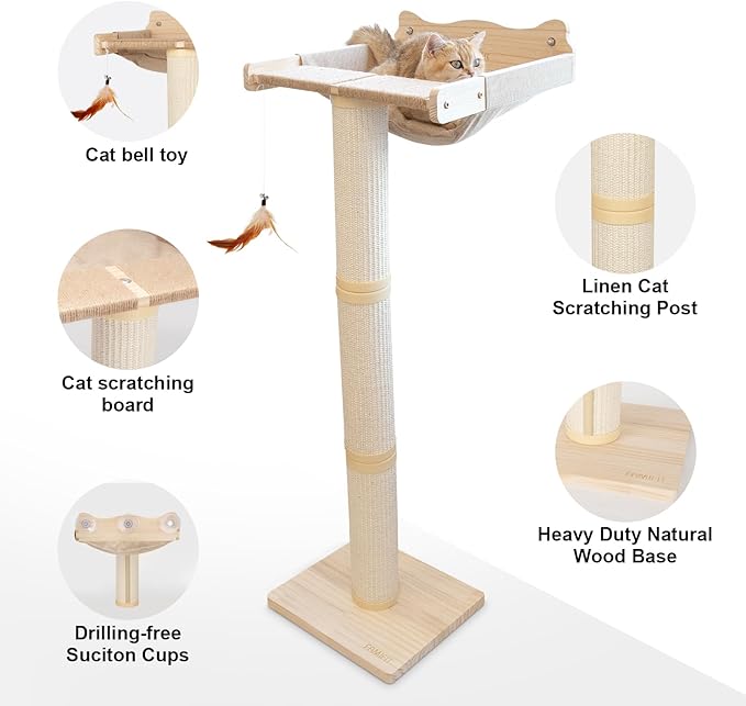 Upgraded Cat Window Perch with Scratching Post, 47.3" Adjustable Cat Tall Scratching Posts & Suction Cup – Multi-Level Perch for Climbing, Bird Watching, and Play, Supports 50 lbs (Drilling-Free)