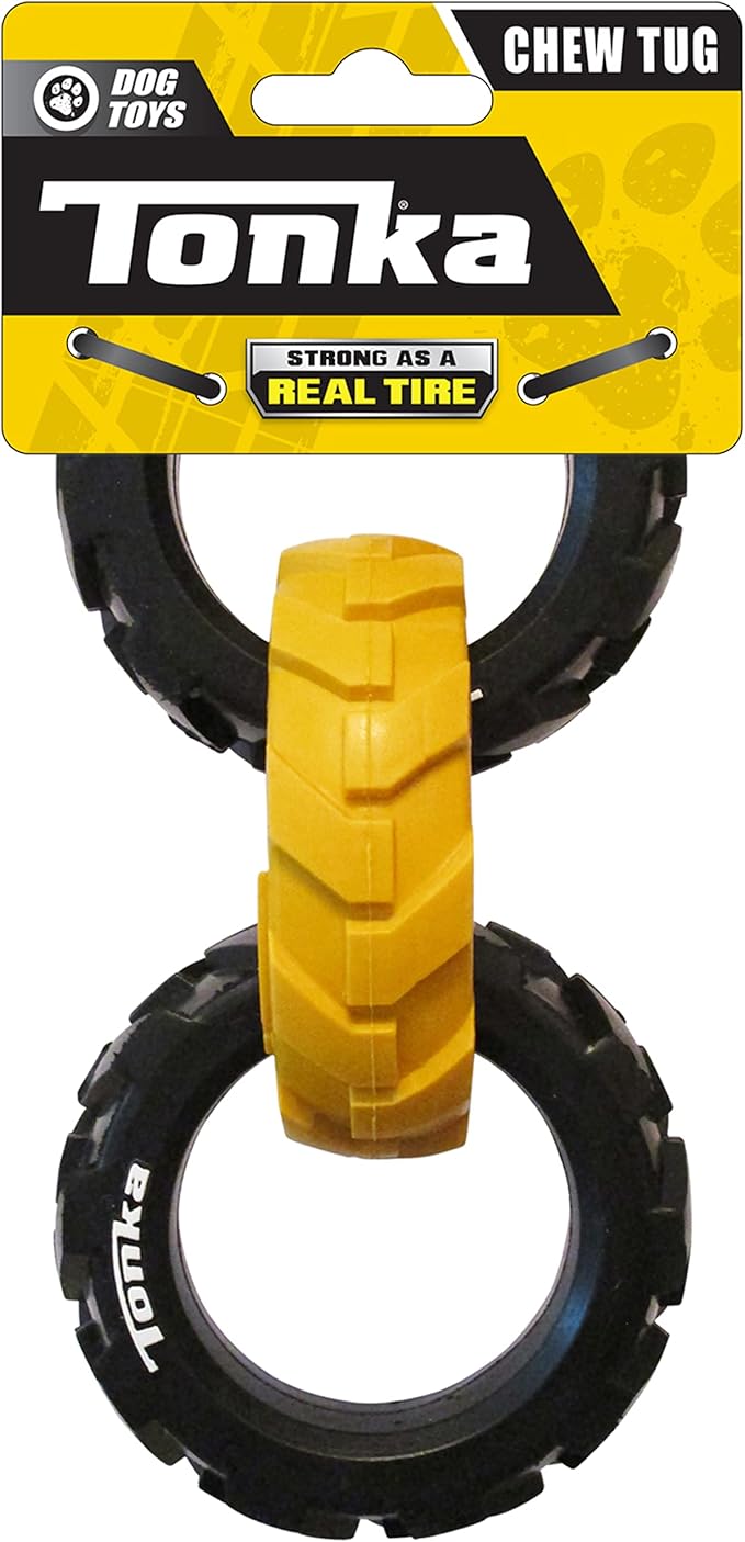 Tonka Rubber 3-Ring Tug Dog Toy, Lightweight, Durable and Water Resistant, 7.5 Inches, for Medium/Large Breeds, Single Unit, Yellow/Black