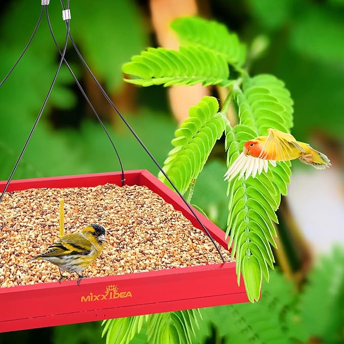 MIXXIDEA Bird Feeder Hanging Tray Seed Tray Wooden Platform Hummingbird Feeder Hanging Tray Mesh Seed Platform for Garden Yard Outside Decoration Attracting for Wild Birds (Red-1pk)
