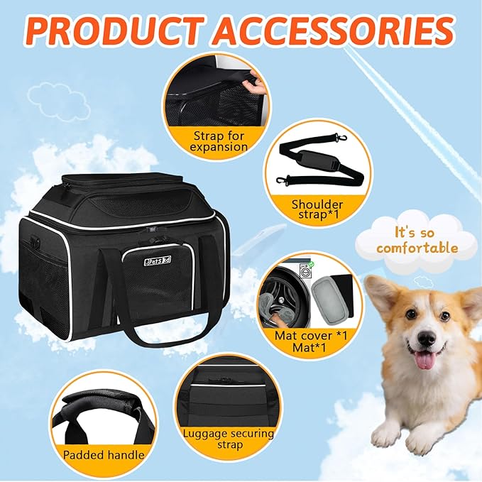 Petskd Top and Side Expandable Pet Carrier 17x12x8.5 Inches JetBlue Frontier Spirit Airline Approved, Soft-Sided Carrier for Small Cats and Dogs with Locking Safety Zipper and Anti-Scratch Mesh(Black)