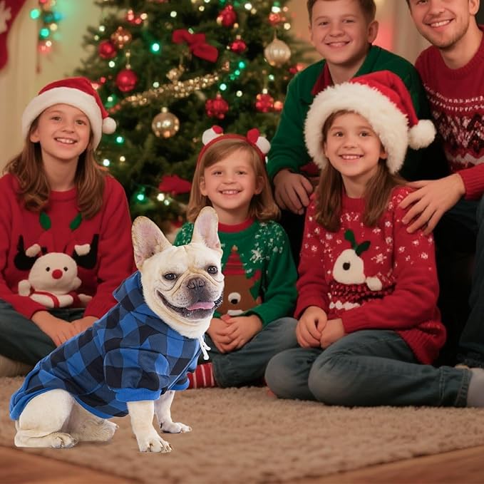 KOOLTAIL Plaid Dog Hoodie Pet Clothes Sweater with Hat and Pocket for Small Medium Large Size Dogs, Soft Winter Warm Dog Cold Weather Coat, Fleece Fall Dog Hooded Sweatshirt for Puppy Cats, Blue SM