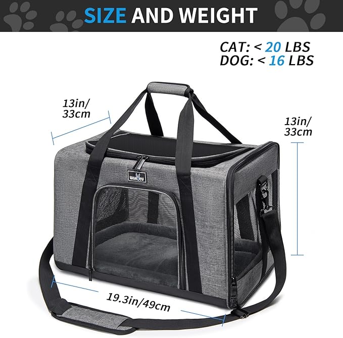 Pet Carrier for Medium Large Cats and Dogs, Dog Carrier Travel Bag with Adequate Ventilation, 5 Mesh Windows, 3 Entrance, Locking Safety Zippers, Padded Shoulder and Carrying Strap, Large