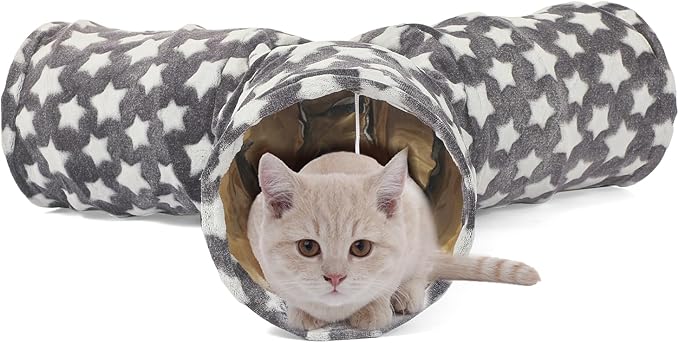 LUCKITTY Cat Tunnel Toy- 3 Way-Shaped, Gray Star Pattern, Soft Velvet Exterior, Oxford Fabric Fog-Proof Interior, Plush Toy Ball, Easily Washable, Conveniently Foldable