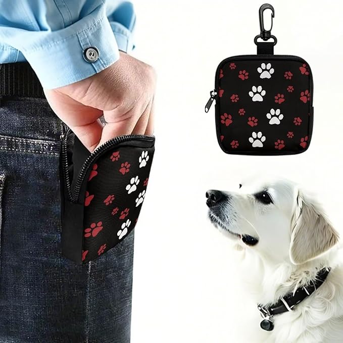 KEIAHUAN Small Dog Treat Pouch with Metal Clasp Puppy Doggie Snack Reward Bags Hands-Free Training Dog Treat Pouch Pet Waiste Dispenser for Puppy Walking Accessories, White Red Paw