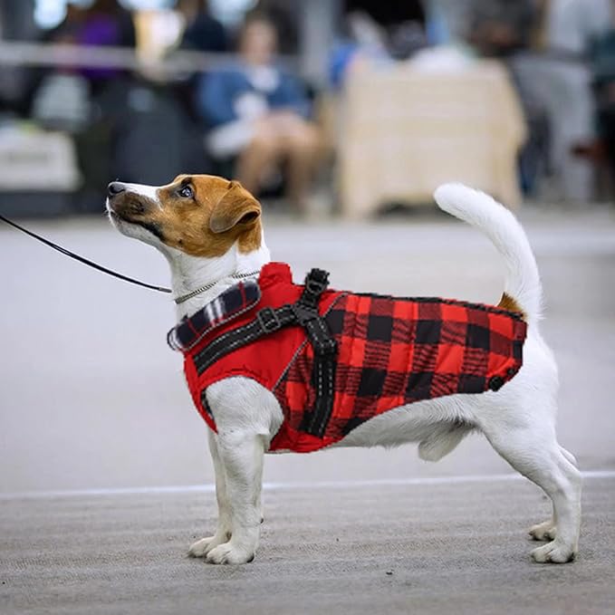 Dog Coat with Harness,Small Dog Winter Coat,Doggie Jackets with Built in Harness,Adjustable Warm Jacket for Medium Large Dogs,Pet Puppy Cold Weather Coats for Dogs Waterproof (PlaidRed, Large)
