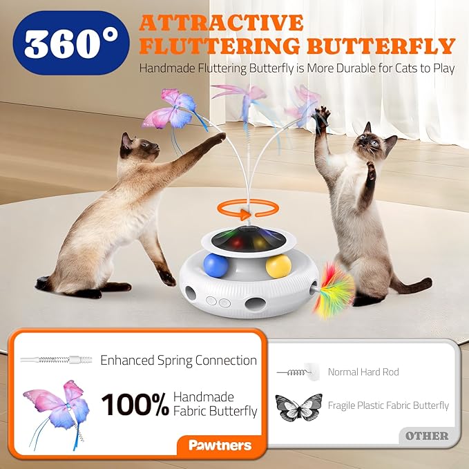 Pawtners Interactive Cat Toy, 4 in 1 Automatic Interactive Kitten Toys for Indoor Cats Rechargeable with Fluttering Butterfly, Track Balls and Ambush Feather