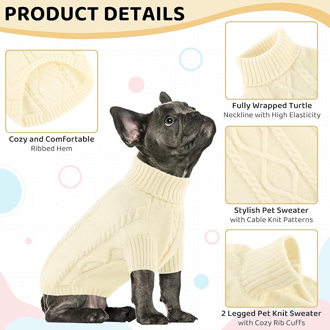 Queenmore Small Dog Pullover Sweater, Cold Weather Cable Knitwear, Classic Turtleneck Thick Warm Clothes for Chihuahua, Bulldog, Dachshund, Pug (White, Large)
