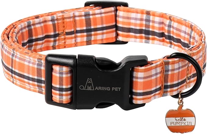 ARING PET Puppy Fall Dog Collar, Autumn Orange Black White Plaid Pet Collars for Small Medium Large Girl Boy Dogs Halloween-L Size
