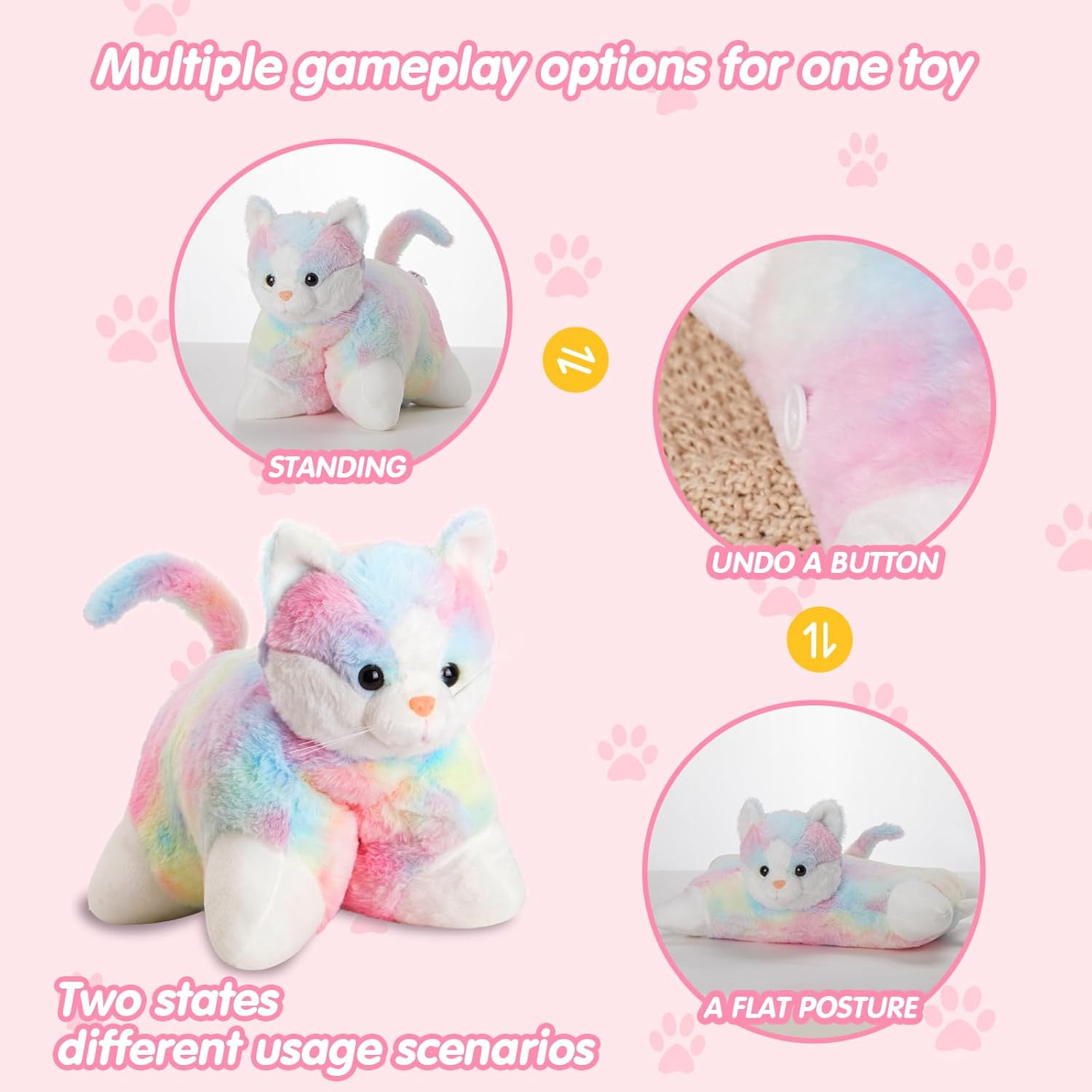 Glow Guards 16" Rainbow Cat Plush Pillow,Cute Kitty Stuffed Animal Soft Lovely Colorful Toy,Bedtime Sofa Decors,Christmas Birthday Children's Day Hoilday Gift for Toddler Kids