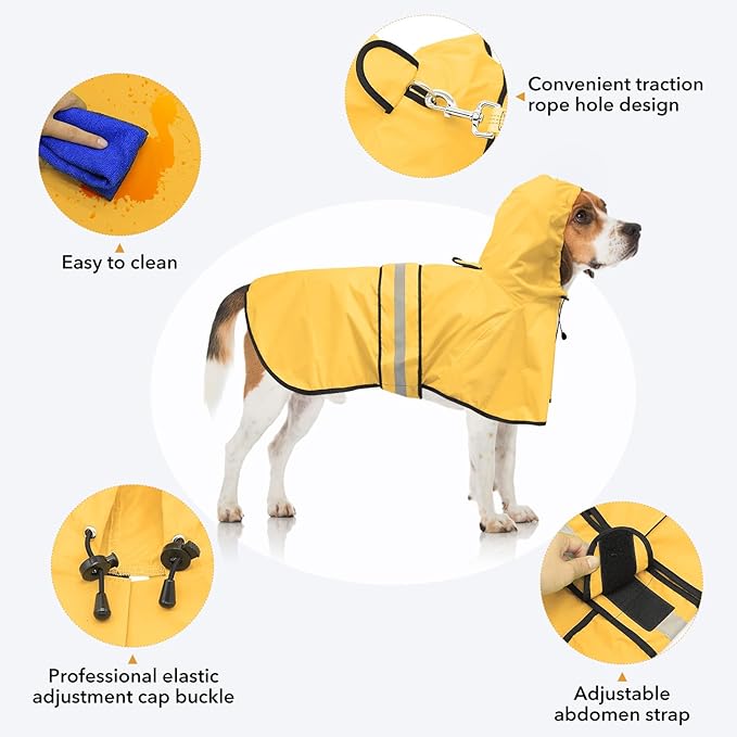Reflective Dog Raincoat - Adjustable Raincoat for Dogs, Lightweight Hooded Dog Raincoats Poncho Slicker, Waterproof Rain Jacket Coat for Small, Medium, Large Dogs Walking (Yellow, XX-Large)