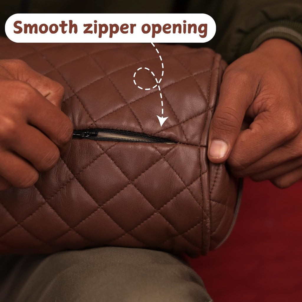 Neck Roll Pillow Cushion Cover, 18x5 Inch Full Moon Round Bolster Pillow Case, Cylinder Soft Lambskin Leather Pillowcase for Head, Spine & Neck Support During Sleep - Quilted Chocolate Brown Pack of 2