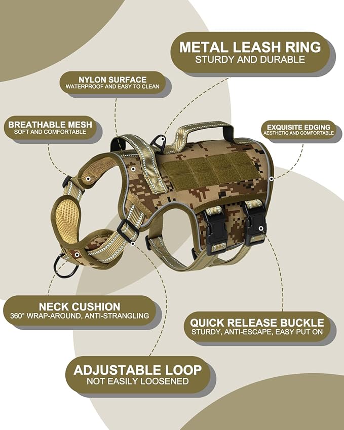 Dog Harness for Large Dogs Heavy Duty, No Pull Tactical Dog Harness with Molle System, Easy On and Off Service Dog Vest, Breathable Padded, Adjustable Reflective Pet Vest for Walking Hiking Training
