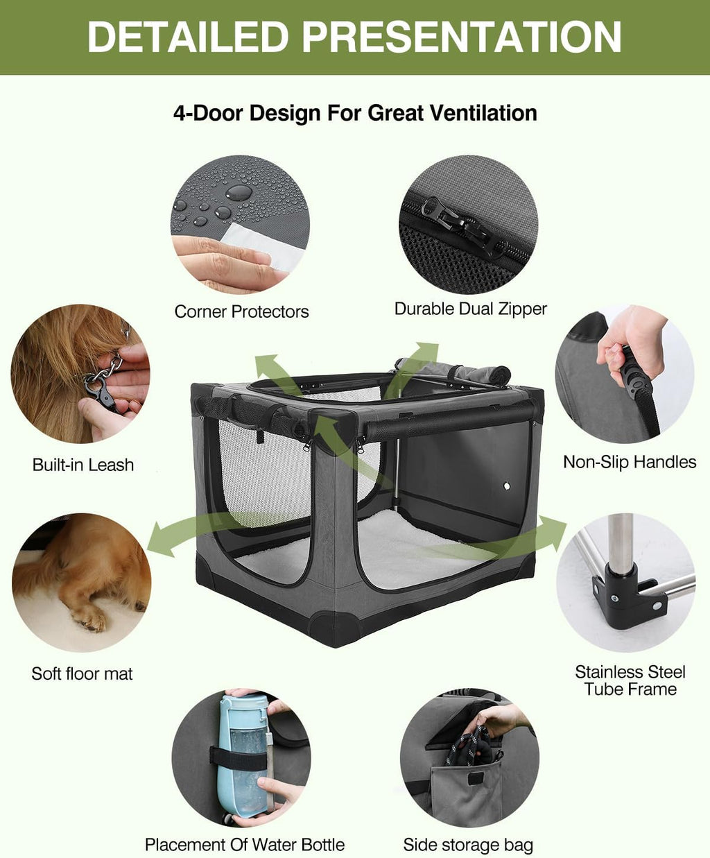 30-Inch Collapsible Travel Dog Crate, Portable 4-Door Soft Kennel for Medium to Large Dogs, Durable Mesh Windows, Indoor/Outdoor Use, Foldable, with Storage Bag (Grey)