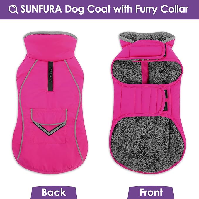 SUNFURA Large Dog Coat, Warm Dog Winter Coat Jacket with Thick Furry Collar, Adjustable Pet Fleece Jacket Turtleneck Snowsuit for Large Dogs for Chilly Day, Hot Pink XL