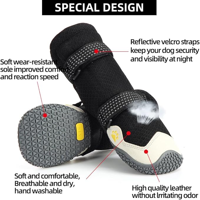Dog Shoes for Hot Pavement Anti-Slip Dog Boots Waterproof Dog Shoes for Small to Large Dogs with Reflective Straps Pet Dog Boots for Hiking.4Pcs Soft Breathable Paw Protectors for Dogs