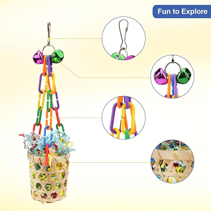 Wontee Bird Toys Colorful Shredding Crinkles Foraging Toys Natural Sola Ball for Parrots Cockatiels Conures Parakeets Budgies Senegal (Bamboo Basket (1 Pack))