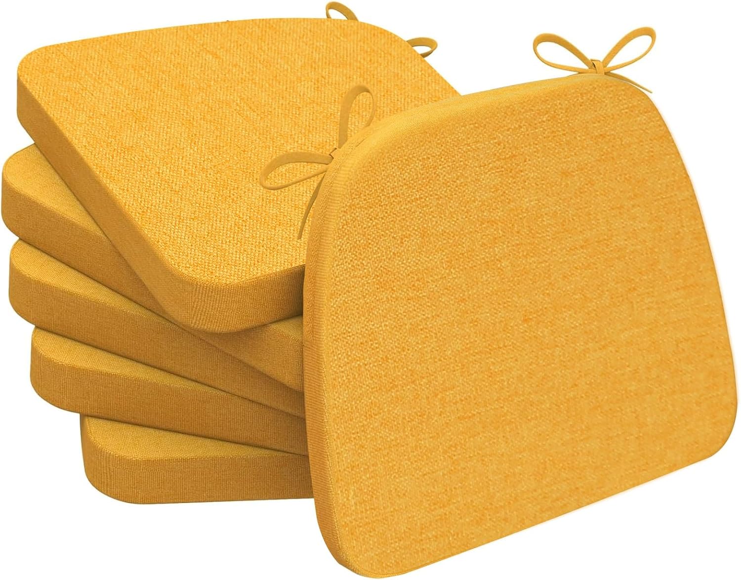 AAAAAcessories D-Shaped Chair Cushions, 2" Thick Dining Chair Pads with Ties and Removable, Machine-Washable Cover, 17" x 16", Set of 6, Golden Yellow