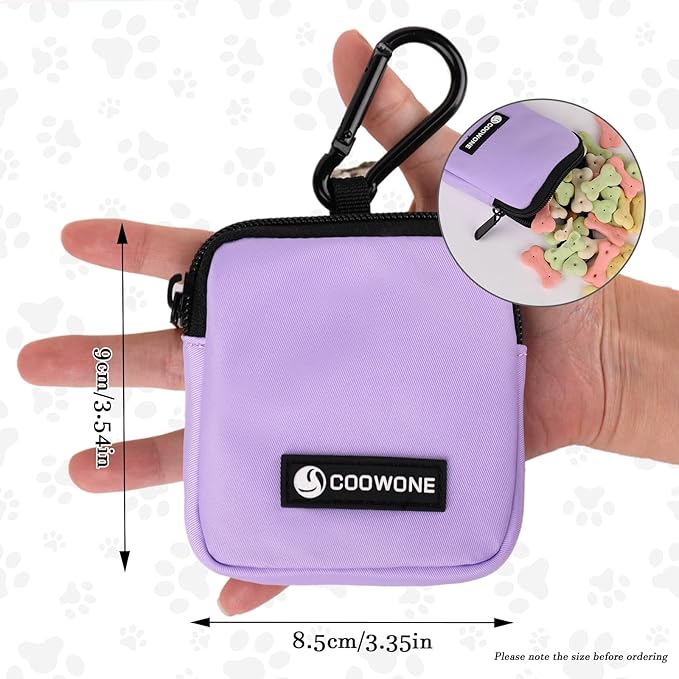 COOWONE Dog Treat Pouch Pocket Sized Pet Puppy Training Pouch for Dog Training Behavior Aids, Waterproof Nylon Fabric Dog Poop Bag Holder, Hands Free Dog Walking Bag with Metal Carabiner (Violet)