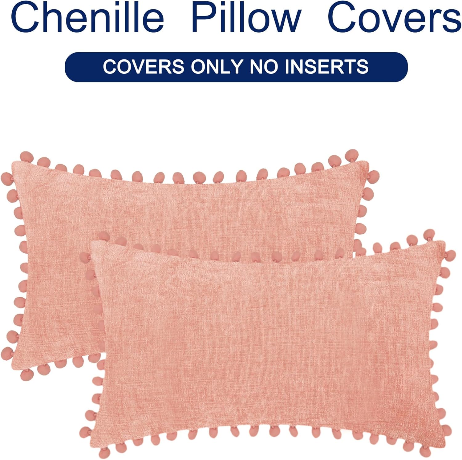 CaliTime Throw Pillow Covers Decorative 20 X 12 Inches Pack of 2 Cozy Solid Dyed Soft Chenille Cushion Cases with Pom Poms for Couch Sofa Bed Living Room Home Dusty Pink