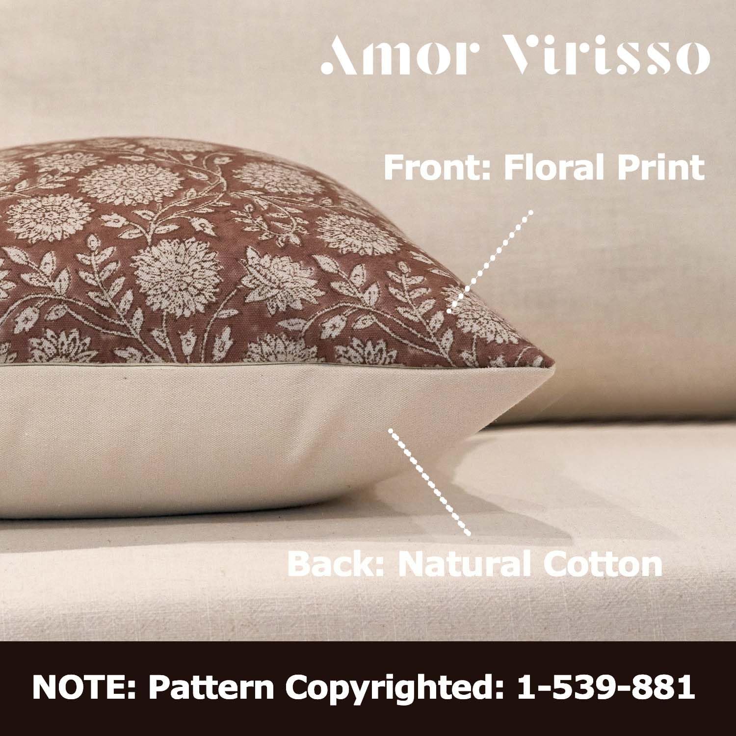 Amor Virisso Floral Pillow Covers 24x24 Throw Pillow Covers Vintage Block Print Pillow Cover Neutral Couch Pillows for Living Room Farmhouse Decorative Accent Sofa Pillows, Brown