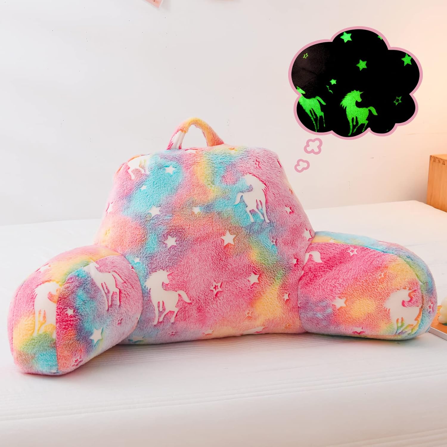 Meeting Story Colorful Unicorn Luminous Reading Pillows Glow in The Dark with Arms Back Pillow for Bed, Bed Rest Pillow for Adults, Teens, Kids, (Rainbow)
