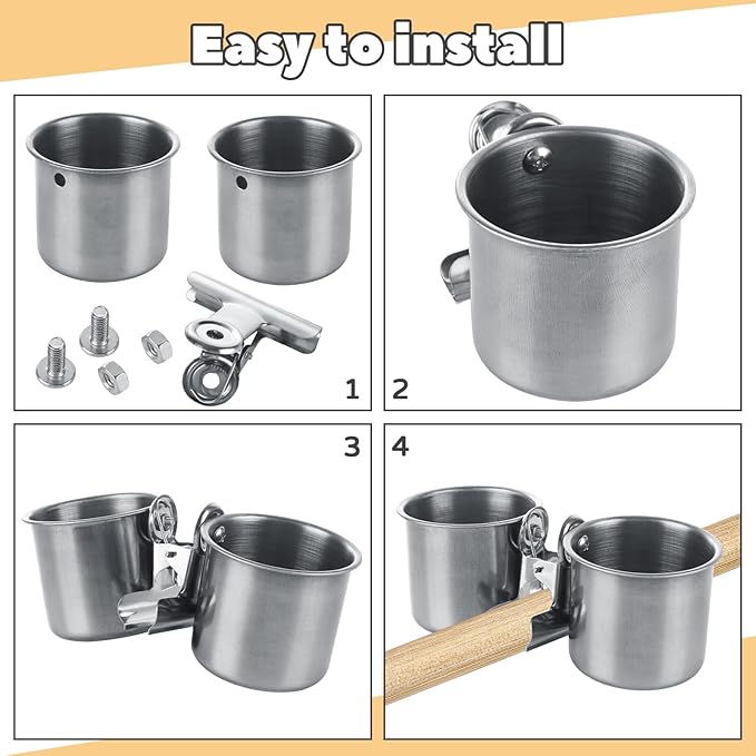 4 Pack Bird Feeding Dish Cups Stainless Steel Parrot Bird Feeder for Cage Parrot Feeders Water Cage Bowls with Clamp Holder for Cockatiel Parakeet Macaw Finches Small Animal